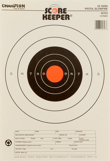 Picture of  Champion Targets 45723 Score Keeper Slow Fire Bullseye Paper Hanging 25 Yds Pistol 11" X 16" Black/Orange 12 PK