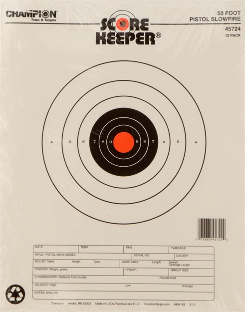 Picture of  Champion Targets 45724 Score Keeper Slow Fire Bullseye Paper Hanging 50 Foot Pistol 11" X 16" Black/Orange 12 PK