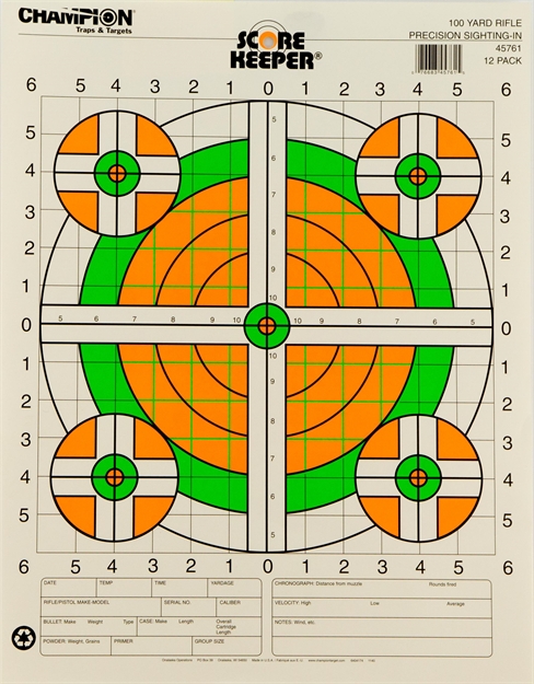 Picture of Champion Traps & Targets Scorekeeper 100Yd Sight-In Rifle Target, Flourescent Orange/Green Bull, 14"X18", 12Pk 45761