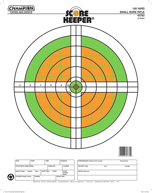 Picture of  Champion Targets 45762 Score Keeper Sight-In Bullseye Paper Hanging 100 Yds Small Bore Rifle Fluorescent Green & Orange/White 12 PK 076683457622