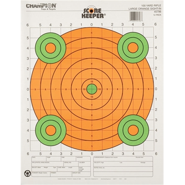 Picture of  Champion Targets 45796 Score Keeper Sight-In Bullseye Paper Hanging 100 Yds Pistol/Rifle Large Green/Orange 12 PK 076683457967