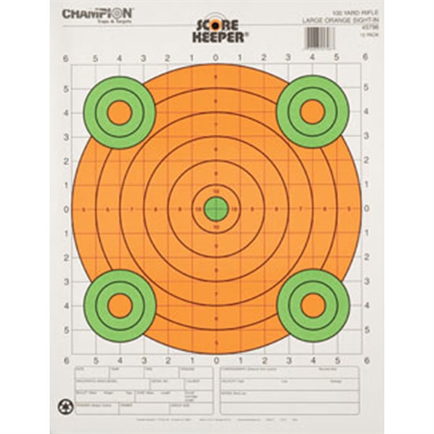 Picture of  Champion Targets 45796 Score Keeper Sight-In Bullseye Paper Hanging 100 Yds Pistol/Rifle Large Green/Orange 12 PK