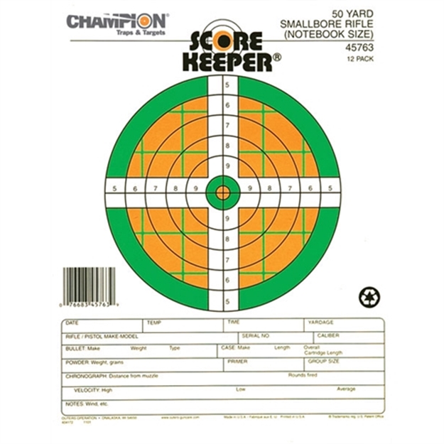 Picture of Champion Traps & Targets Scorekeeper 50Yd Small Bore Notebook Target, Flourescent Orange/Green Bull, 12Pk