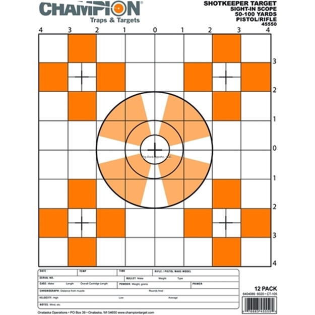 Picture of Champion Traps & Targets Shotkeeper Small Sight-In Target, Singular Bulls Eyes With LG Grid Overlay, 8.5"X11", 12Pk
