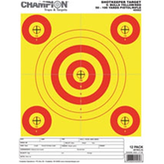 Picture of Champion Traps & Targets Shotkeeper 5 Small Bullseye Target, Yellow/Red Bull, 8.5"X11", 12Pk 45562