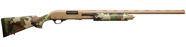 Picture of  Charles Daly 930330 301  Full Size 12 Gauge Pump 3" 4+1 28" Flat Dark Earth Vent Rib Barrel & Grooved Aluminum Receiver, Fixed Woodland Camo Synthetic Stock, Beretta/Benelli Mobil Choke System