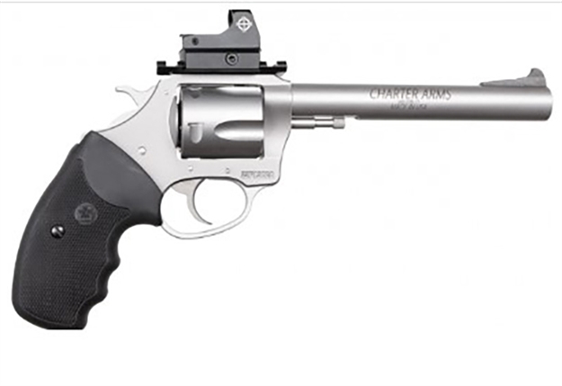 Picture of  Charter Arms 74465 Mastiff Target Large Frame 44 Special 5Rd 6" Stainless Steel Barrel, Cylinder & Frame, Sightmark Micro Optic, Picatinny Rail, Black Rubber Grip, Exposed Hammer