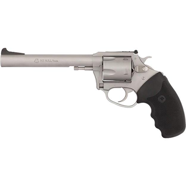 Picture of  Charter Arms 79960 Pitbull  Large 9Mm Luger, 5 Shot 6" Matte Stainless Steel Barrel, Cylinder & Frame W/Black Finger Grooved Rubber Grip 678958799606