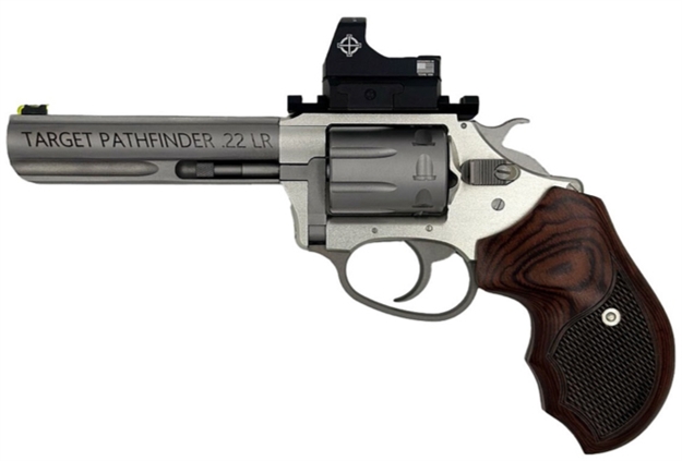 Picture of  Charter Arms 72245 Target Pathfinder 22 LR 8 Shot, 4.20" Anodized Stainless Steel Barrel & Cylinder, Stainless Aluminum Frame, Rosewood Grip, Sightmark Micro Optic 678958722451