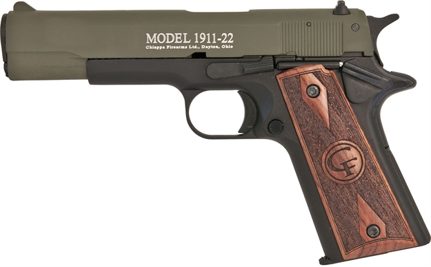 Picture of Chiappa Firearms 401121 1911-22  22 LR 10+1 5" OD Green Serrated Steel Slide & Beavertail Frame, Black Hogue Rubber W/Finger Grooves Grip 401.121 053670716605