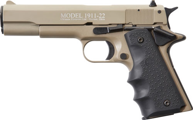 Picture of  Chiappa Firearms 401120 1911-22  22 LR 10+1, 5" Black Steel Barrel, Tan Serrated Slide, Tan Aluminum Frame W/Beavertail, Black Hogue Rubber Finger Grooved Grip, Manual Thumb Safety, Right Hand 053670716599