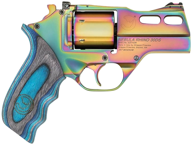 Picture of Chiappa Firearms 340319 Rhino 30Ds Nebula 357 Mag 6 Shot, 3" Rainbow Pvd Steel Vent Rib Barrel & Cylinder, Rainbow Pvd Aluminum Frame, Blue Laminate, Grip Exposed Hammer 340.319