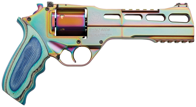 Picture of Chiappa Firearms 340301 Rhino 60Ds Nebula 357 Mag Caliber With 6" Picatinny Rail/Vent Rib, 6Rd Capacity Cylinder, Overall Rainbow Pvd Metal Finish & Blue Laminate Grip 340.301