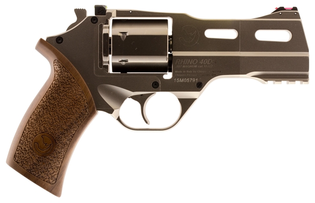 Picture of Chiappa Firearms Cf340245 Rhino 40Sar *Ca Compliant Medium Frame 357 Mag 6 Shot, 4" Nickel-Plated Steel Barrel & Cylinder, Nickel-Plated Aluminum Frame W/Picatinny Rail, Walnut Grip, Concealed Hammer CF340.245