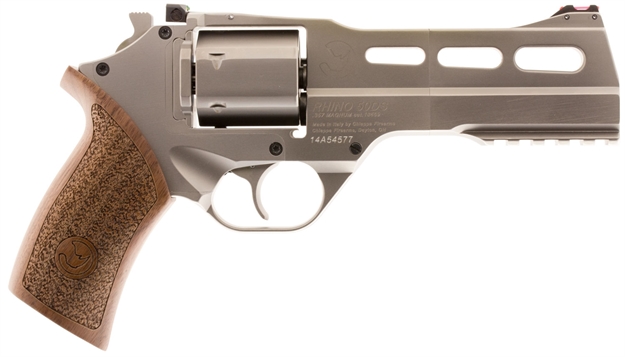 Picture of Chiappa Firearms Cf340247 Rhino 50Sar *Ca Compliant 357 Mag 6 Shot 5" Nickel-Plated Steel Barrel & Cylinder, Nickel-Plated Aluminum Frame & Barrel Shroud, Picatinny Rail, Walnut Grip CF340.247