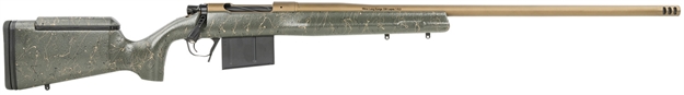 Picture of Christensen Arms 8010201400 Mesa Long Range 338 Lapua Mag 3+1 27" Threaded Barrel, Burnt Bronze Cerakote, Green With Black/Tan Webbing Stock 801-02014-00