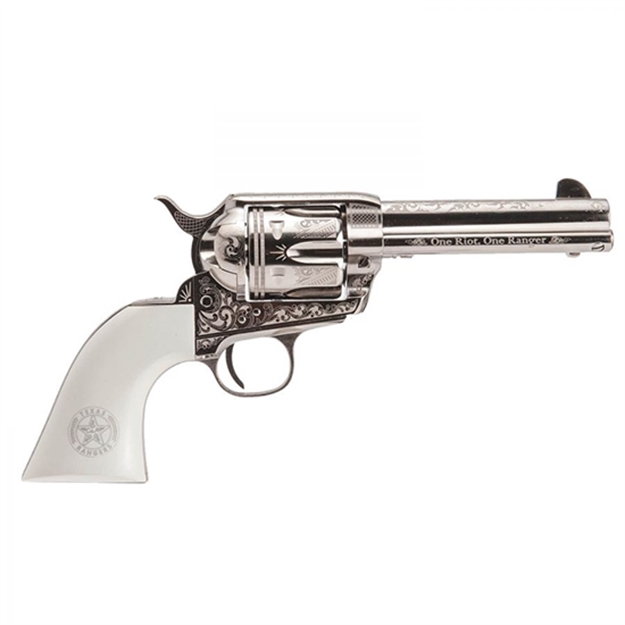 Picture of  Cimarron Pp410lntxr Frontier Texas Ranger 45 Colt (Lc) 6 Shot, 4.75" Engraved Nickel-Plated Steel Barrel, Cylinder & Frame, Engraved "One Riot, One Ranger" Ejector Rod, White Polymer Grip 844234129898