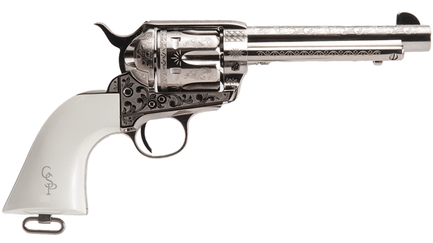 Picture of Cimarron Firearms Frontier Revolver 45 LC 4.75" Bbl Nickel Patton Engraving 6 Shot PP410LNPT