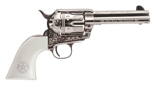 Picture of Cimarron Firearms Frontier Revolver 45 LC 4.75" Bbl Nickel Texas Ranger Engraving 6 Shot