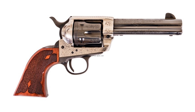 Picture of Cimarron Firearms Frontier Revolver 45 LC 4.75" Silver Frame Laser Eng CK Grip PW