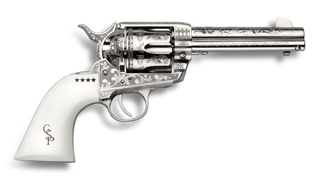 Picture of Cimarron Firearms Frontier Revolver 45 LC 4.75" Bbl Nickel Patton Engraving 6 Shot PP410LNPT 844234130290