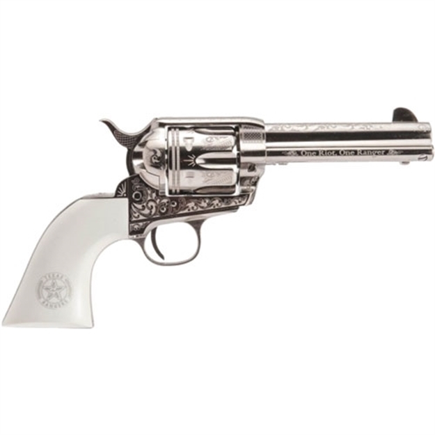 Picture of  Cimarron Pp410lntxr Frontier Texas Ranger 45 Colt (Lc) 6 Shot, 4.75" Engraved Nickel-Plated Steel Barrel, Cylinder & Frame, Engraved "One Riot, One Ranger" Ejector Rod, White Polymer Grip