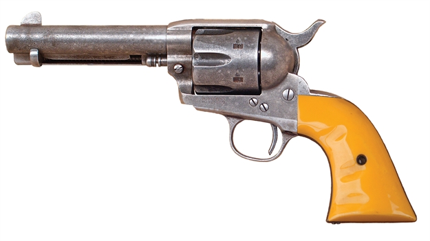 Picture of  Cimarron Rs410 Hollywood Series Rooster Shooter 45 Colt (Lc) 6 Shot, 4.75" Trail Worn Blued Steel Barrel, Cylinder & Frame, Wide Front Sight, Aged-Looking Orange Finger Grooved Grip
