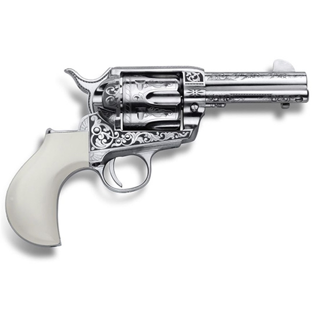 Picture of  Cimarron Pp346huckeng Huckleberry  45 Colt (Lc) 6 Shot, 3.50" Nickel Engraved Barrel, Cylinder & Frame, Poly-Ivory W/"Huckleberry" Engraved ON The Backstrap Grip