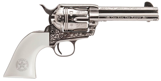 Picture of  Cimarron Pp410lntxr Frontier Texas Ranger 45 Colt (Lc) 6 Shot, 4.75" Engraved Nickel-Plated Steel Barrel, Cylinder & Frame, Engraved "One Riot, One Ranger" Ejector Rod, White Polymer Grip 844234129898