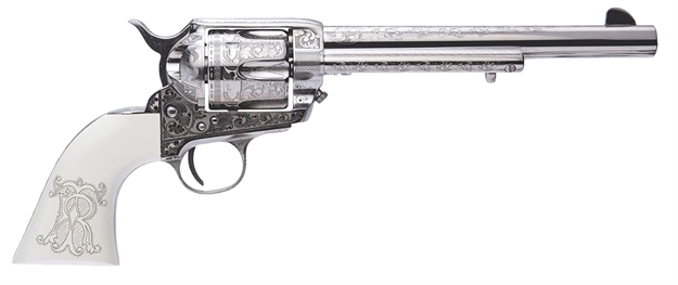 Picture of Cimarron Pp415lntrii Teddy Roosevelt Frontier 45 Colt (Lc) 6 Shot 7.50" Nickel-Plated Engraved Barrel, Cylinder & Frame, White W/Laser Engraved "T.R." Grip CA248AS1