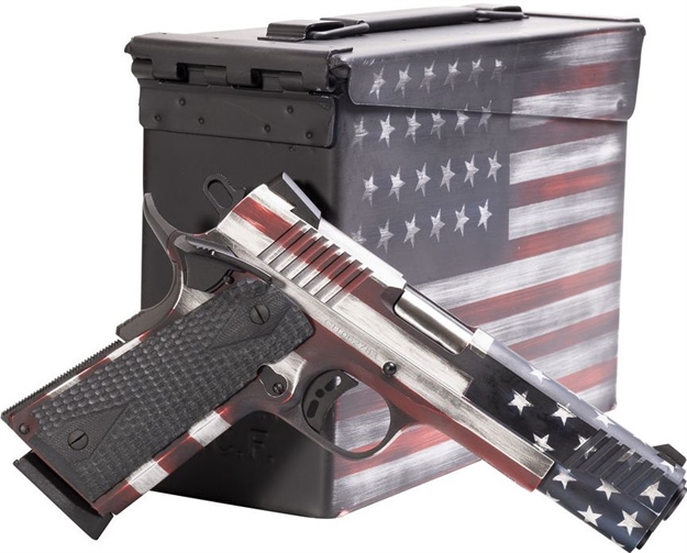 Picture of  Citadel Citc45fusaac M1911 Flag 45 Acp 8+1, 5" Stainless Steel Barrel, American Flag Cerakote Serrated Steel Slide, Steel Frame W/Beavertail, Features Matching Ammo Can, Ambidextrous 682146282146