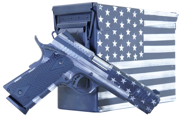 Picture of  Citadel Citc45fusgac M1911 Flag 45 Acp 8+1, 5" Stainless Steel Barrel, American Flag Gray Cerakote Serrated Steel Slide, Steel Frame W/Beavertail, Matching Ammo Can, Ambidextrous