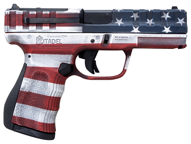 Picture of  Citadel Citcp9usacan Centurion Cp9 Compact Frame 9Mm Luger 14+1, 4" Black Steel Barrel, American Flag Cerakote Optic Ready/Serrated Steel Slide, Polymer Frame & Grip, Features Matching Ammo Can