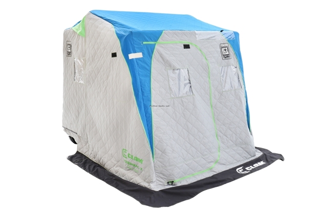 Picture of Clam Voyager Thermal 2-Person Shelter, Ice Team Edition, 2-Rod Holders, Grey Sled & Deluxe Seats,Blue/Gray