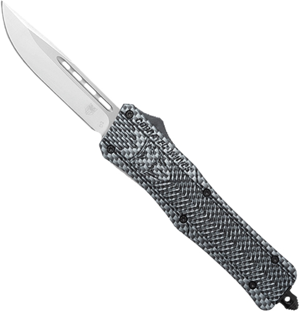Picture of  Cobratec Knives Mcfctk1mdns Ctk-1  Medium 3" Otf Drop Point Plain D2 Steel Blade/Carbon Fiber Aluminum Handle Features Glass Breaker Includes Pocket Clip 099654023350