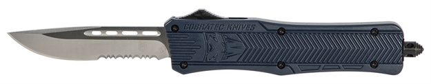 Picture of  Cobratec Knives Mnyctk1mds Ctk-1  Medium 3" Otf Drop Point Part Serrated D2 Steel Blade/Nypd Blue Aluminum Handle Features Glass Breaker Includes Pocket Clip 099654023640