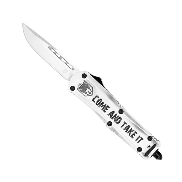 Picture of Cobratec Knives Mcatifs3dns Fs-3 Come And Take IT 3" Otf Drop Point Plain 154Cm SS Blade White W/"Come And Take It" Aluminum Cerakoted Handle Features Glass Breaker Includes Pocket Clip MCATIFS-3DNS