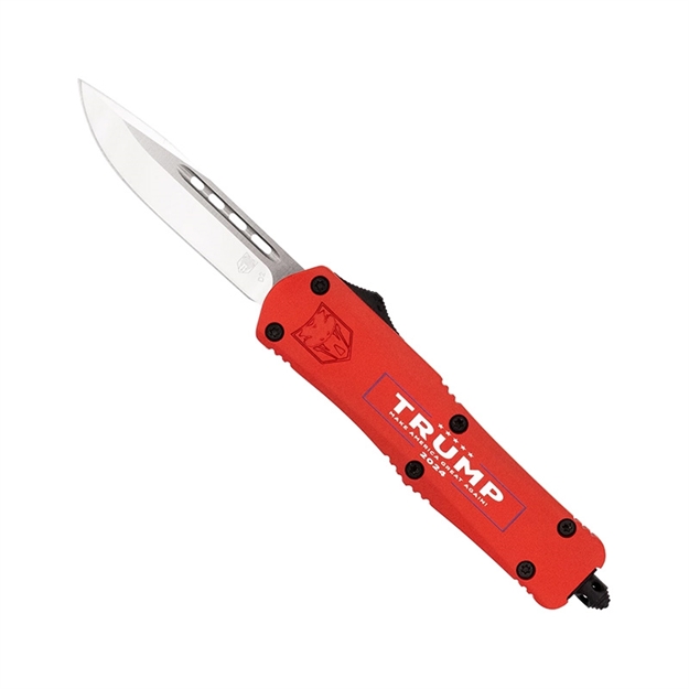 Picture of  Cobratec Knives Mtrp24reddns Fs-3 Trump 2024 Medium Otf Drop Point Plain Satin D2 Steel Blade, 4.50" Red W/Trump, Make America Great Again Aluminum Cerakoted Handle 099654045987