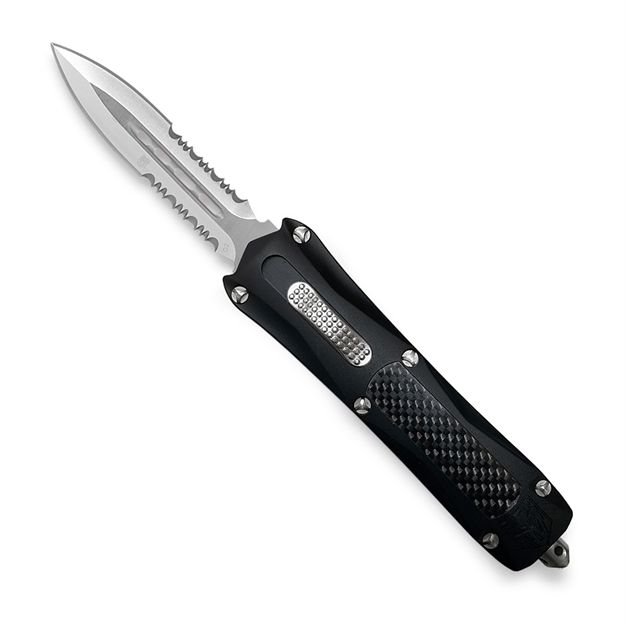 Picture of Cobratec Knives Blkkcdag2ss King Cobra  4" Otf Dagger Serrated D2 Steel Blade Black Anodized Aluminum W/Carbon Fiber Inlay Handle Features Glass Breaker