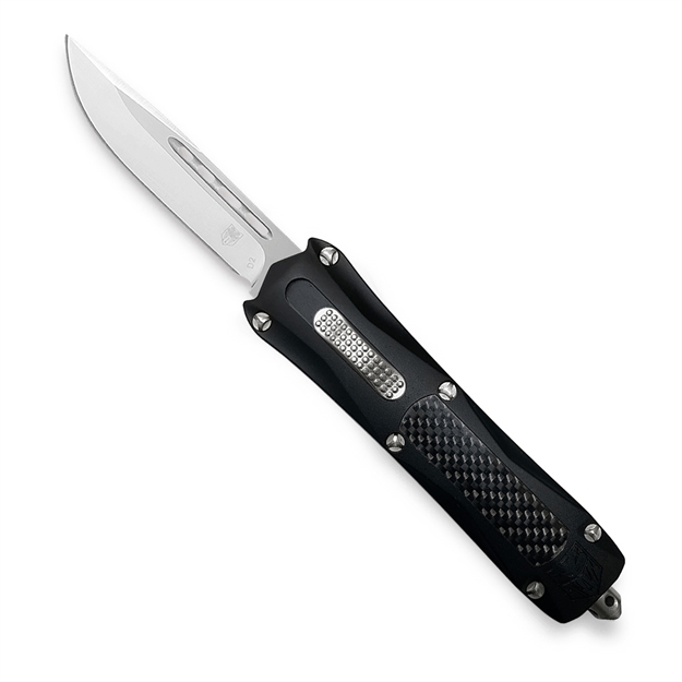 Picture of Cobratec Knives Blkkcdns King Cobra  4" Otf Drop Point Plain D2 Steel Blade Black Anodized Aluminum W/Carbon Fiber Inlay Handle Features Glass Breaker