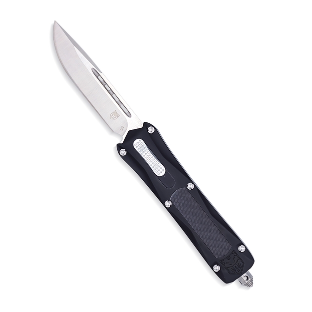 Picture of Cobratec Knives Blkqcdns Queen Cobra  3.13" Otf Drop Point Plain D2 Steel Blade Black Anodized Aluminum W/Carbon Fiber Inlay Handle Features Glass Breaker