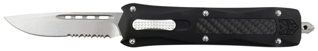 Picture of Cobratec Knives Blkqcds Queen Cobra  3.13" Otf Drop Point Serrated D2 Steel Blade Black Anodized Aluminum W/Carbon Fiber Inlay Handle Features Glass Breaker