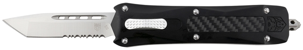 Picture of Cobratec Knives Blkqcts Queen Cobra  3.13" Otf Tanto Serrated D2 Steel Blade Black Anodized Aluminum W/Carbon Fiber Inlay Handle Features Glass Breaker