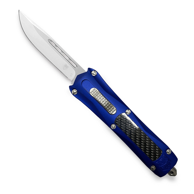 Picture of Cobratec Knives Blukcdns King Cobra  4" Otf Drop Point Plain D2 Steel Blade Blue Anodized Aluminum W/Black Carbon Fiber Inlay Handle Features Glass Breaker