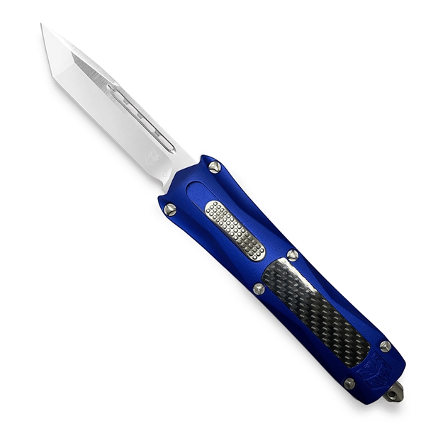 Picture of Cobratec Knives Blukctns King Cobra  4" Otf Tanto Plain D2 Steel Blade Blue Anodized Aluminum W/Black Carbon Fiber Inlay Handle Features Glass Breaker