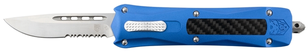 Picture of  Cobratec Knives Bluqcds Queen Cobra  3.13" Otf Drop Point Serrated D2 Steel Blade Blue Anodized Aluminum W/Carbon Fiber Inlay Handle Features Glass Breaker 009654038460