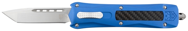 Picture of Cobratec Knives Bluqctns Queen Cobra  3.13" Otf Tanto Plain D2 Steel Blade Blue Anodized Aluminum W/Carbon Fiber Inlay Handle Features Glass Breaker
