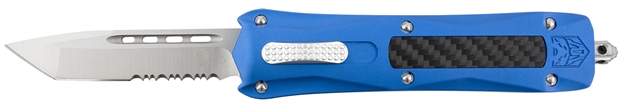 Picture of Cobratec Knives Bluqcts Queen Cobra  3.13" Otf Tanto Serrated D2 Steel Blade Blue Anodized Aluminum W/Carbon Fiber Inlay Handle Features Glass Breaker