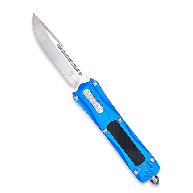 Picture of  Cobratec Knives Bluqkcdns Queen Cobra  3.13" Otf Drop Point Plain D2 Steel Blade/Blue W/Carbon Fiber Inlay Anodized Aluminum Handle Features Glass Breaker Includes Pocket Clip