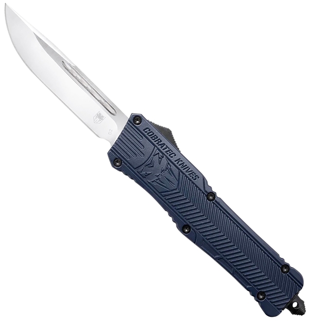 Picture of  Cobratec Knives Lnycctk1ldns Ctk-1  Large 3.75" Otf Drop Point Plain D2 Steel Blade/Nypd Blue Aluminum Handle Features Glass Breaker Includes Pocket Clip 099654025101